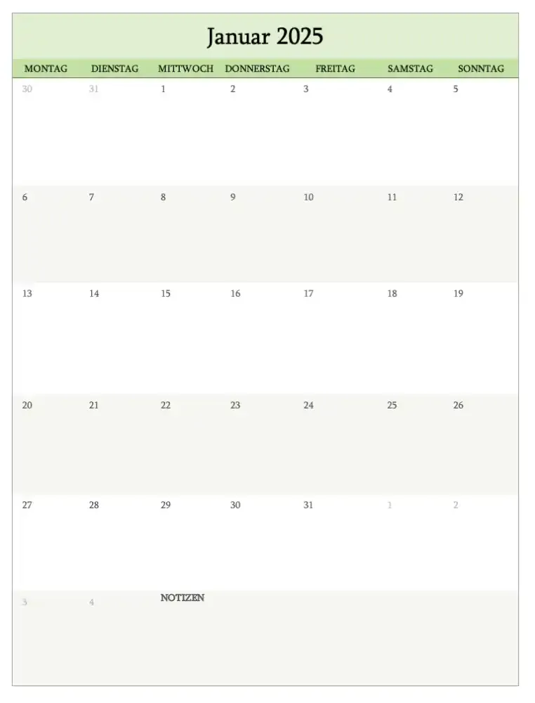 Monats-Kalender für jedes Jahr gültig (Screenshot der Excel-Datei)