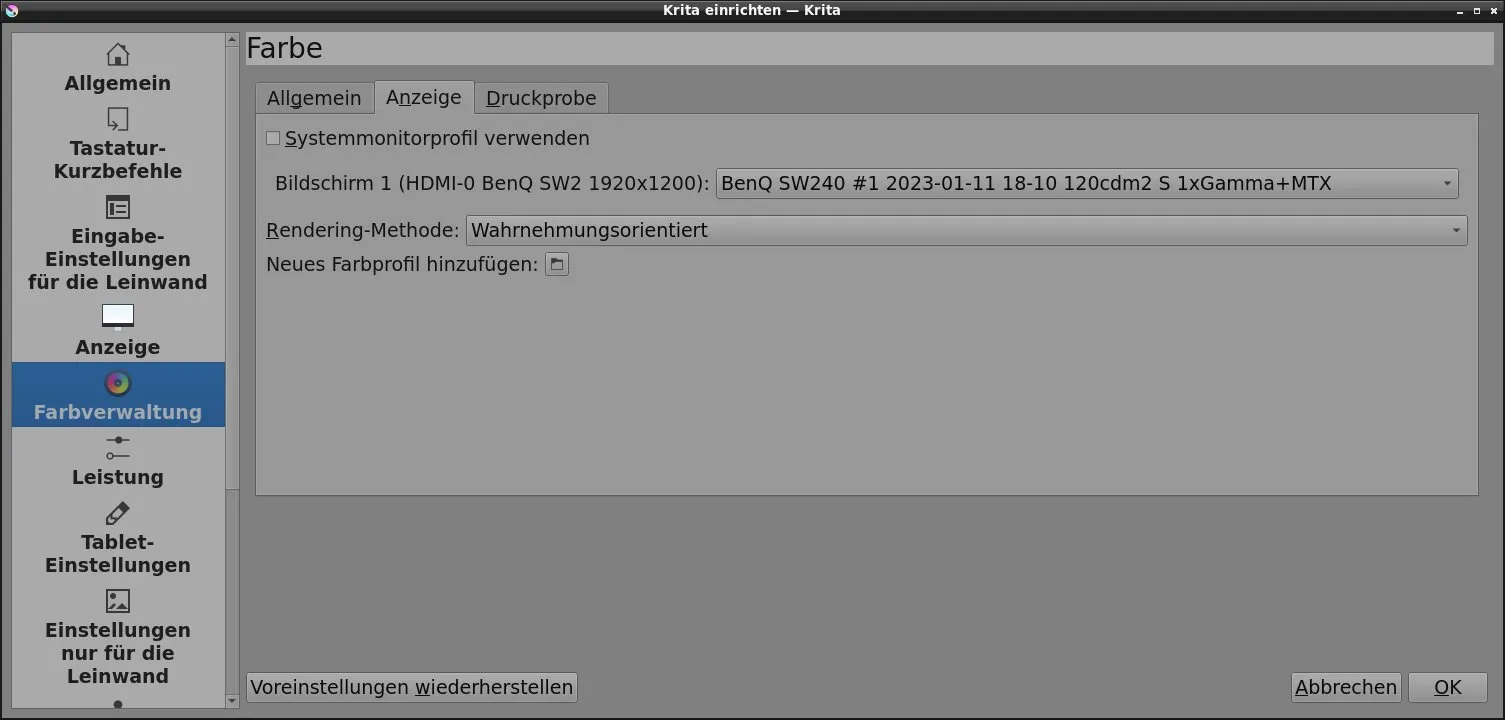 Monitorprofil-Einstellung in Krita