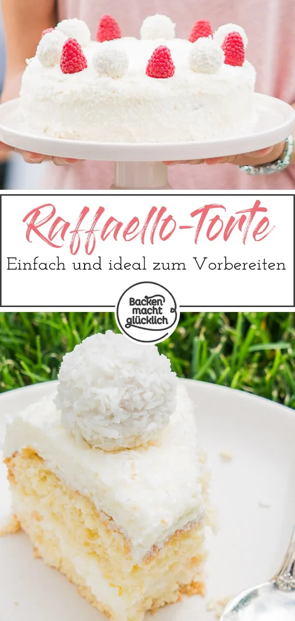 Nahaufnahme der Raffaello-Torte, reich dekoriert mit Kokosraspeln und Raffaello-Kugeln