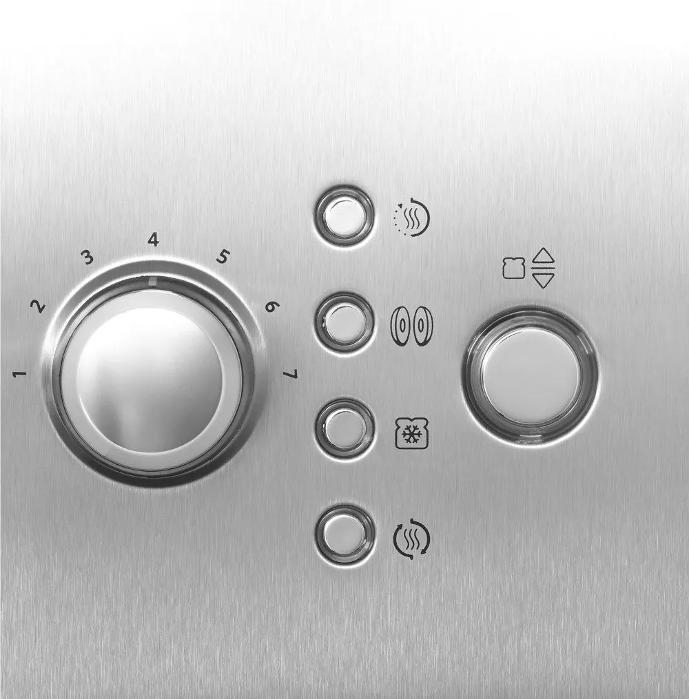 Nahaufnahme des Bedienfeldes des KitchenAid Toasters mit verschiedenen Röstfunktionen und Einstellknöpfen