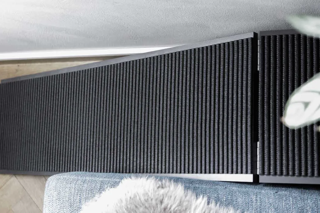 Nahaufnahme eines Hundes, der die rutschfeste Oberfläche der Hunderampe erklimmt