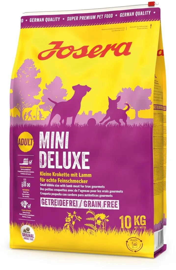 Nahaufnahme von Josera Mini Deluxe Hundefutterkroketten mit Kräutern und Früchten