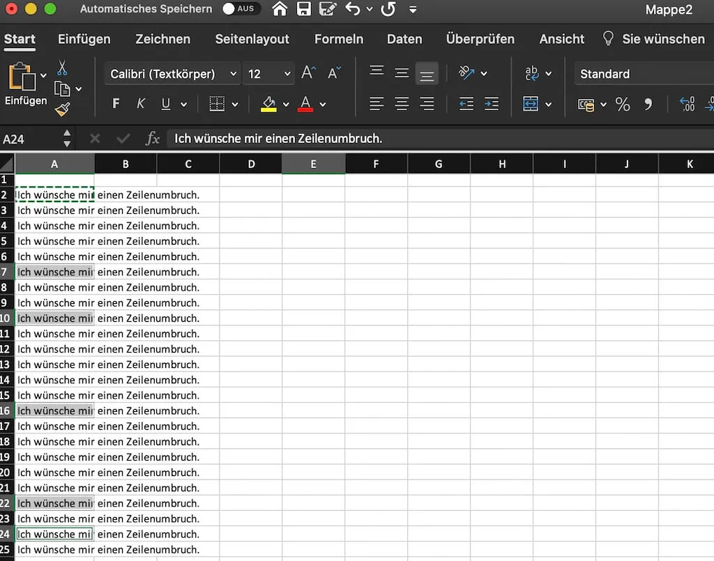 Neue Zeile in Excel einfügen