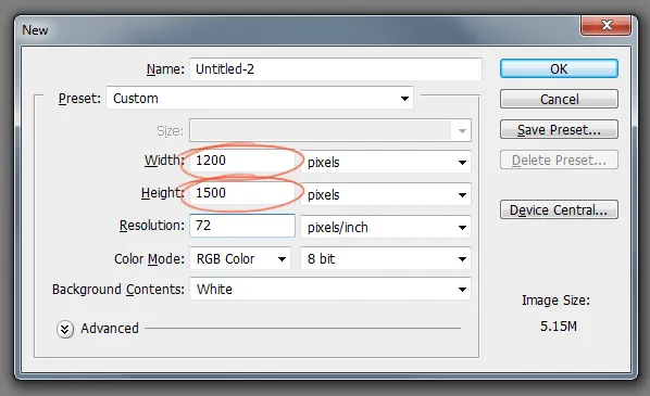 Neues Dokument in Photoshop mit 1200x1500 Pixel