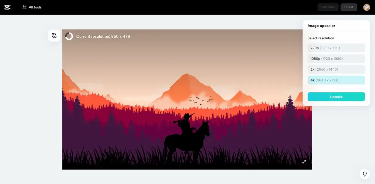 Optionen zur Auflösungswahl im CapCut Upscaler