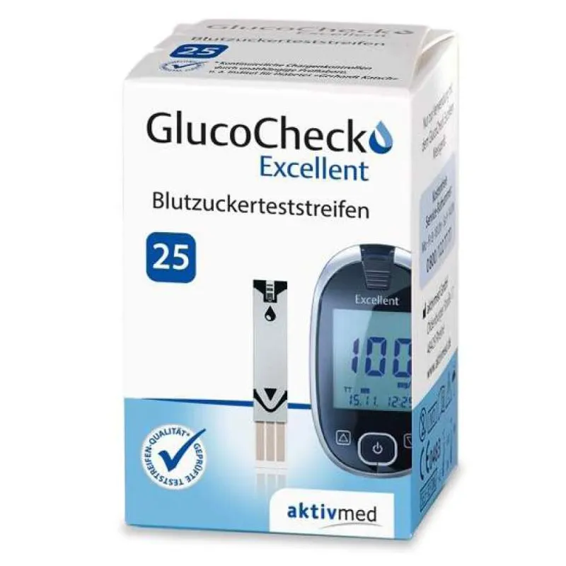 Packung der GlucoCheck Excellent Blutzuckerteststreifen mit 25 Stück
