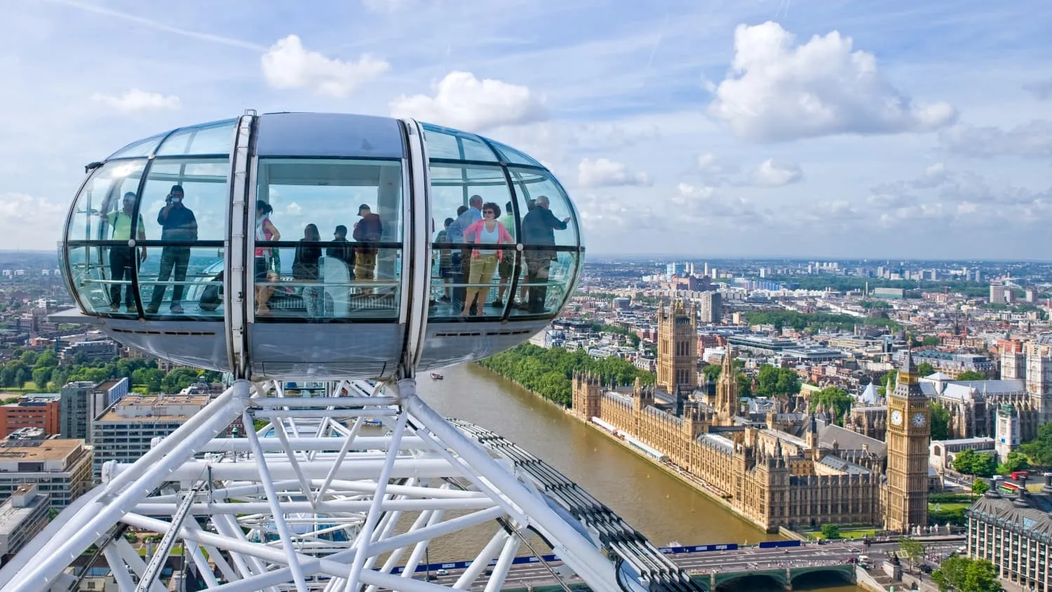 Panoramablick auf London aus einer Kabine des London Eye bei Sonnenuntergang