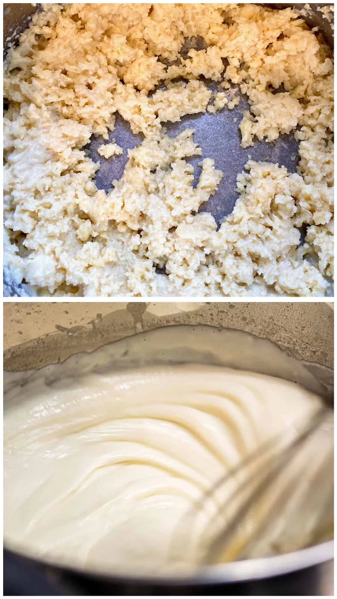 Perfekt zubereitete, dicke und cremige Béchamelsoße für Moussaka, bereit zum Schichten