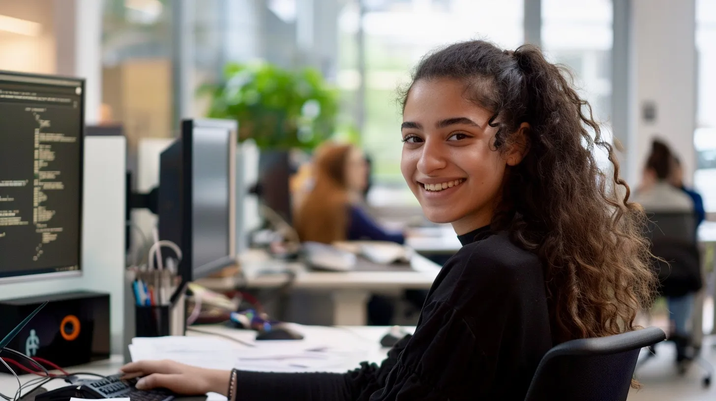 Person lernt am Computer mit einer Schulungsunterlage auf dem Schreibtisch.