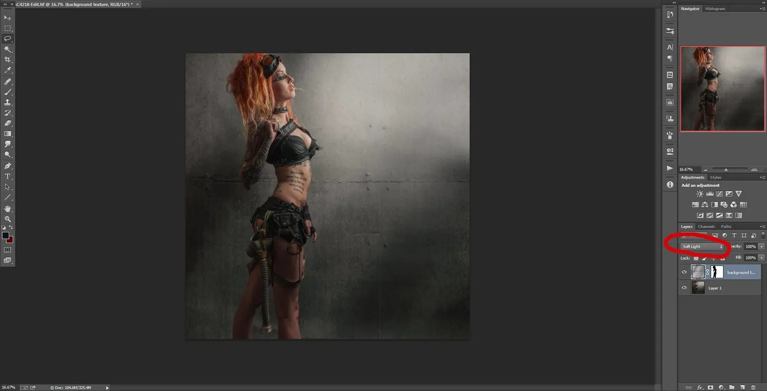 Photoshop-Interface mit angewendetem Mischmodus 'Weiches Licht'
