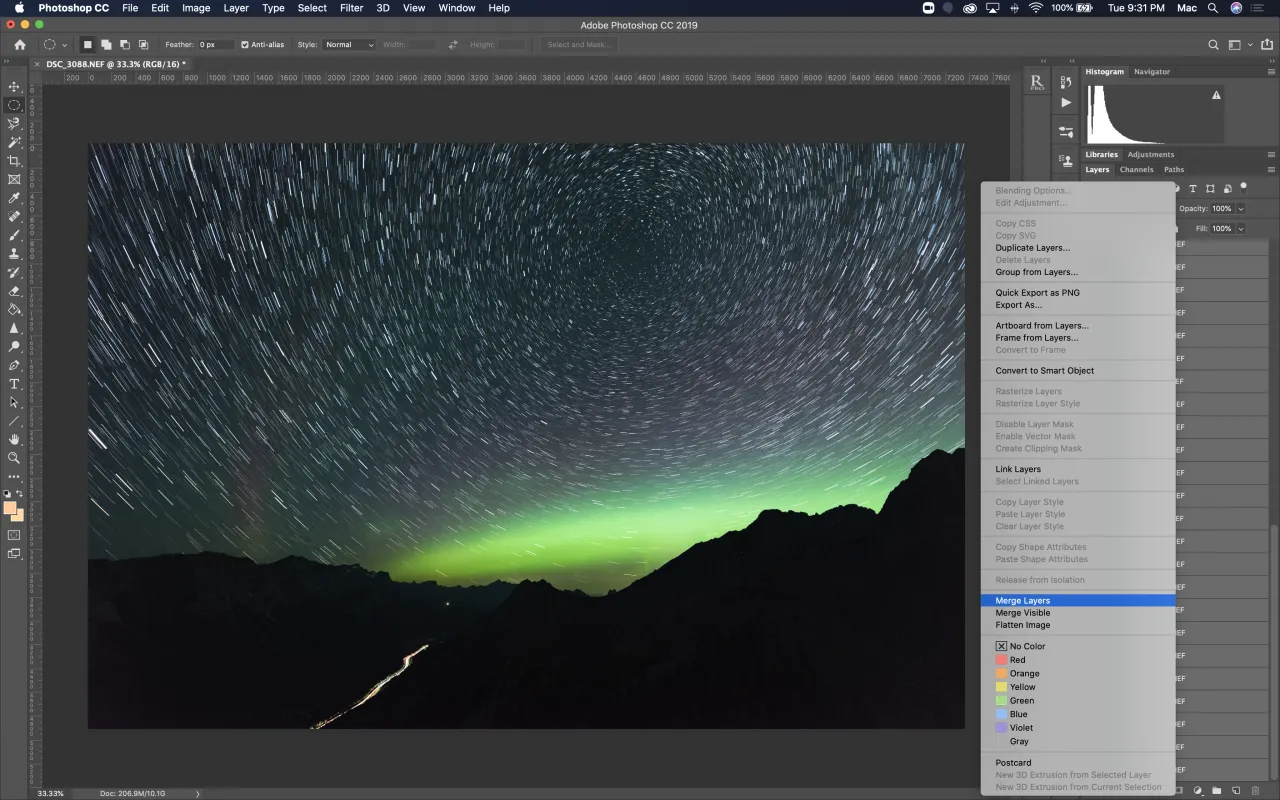 Photoshop-Screenshot: Ebenen zusammenfügen für das Sternspuren-Bild
