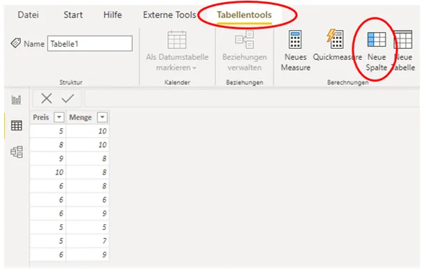 Power BI Desktop Menüband mit hervorgehobener Registerkarte "Tabellentools" und Befehl "Neue Spalte"