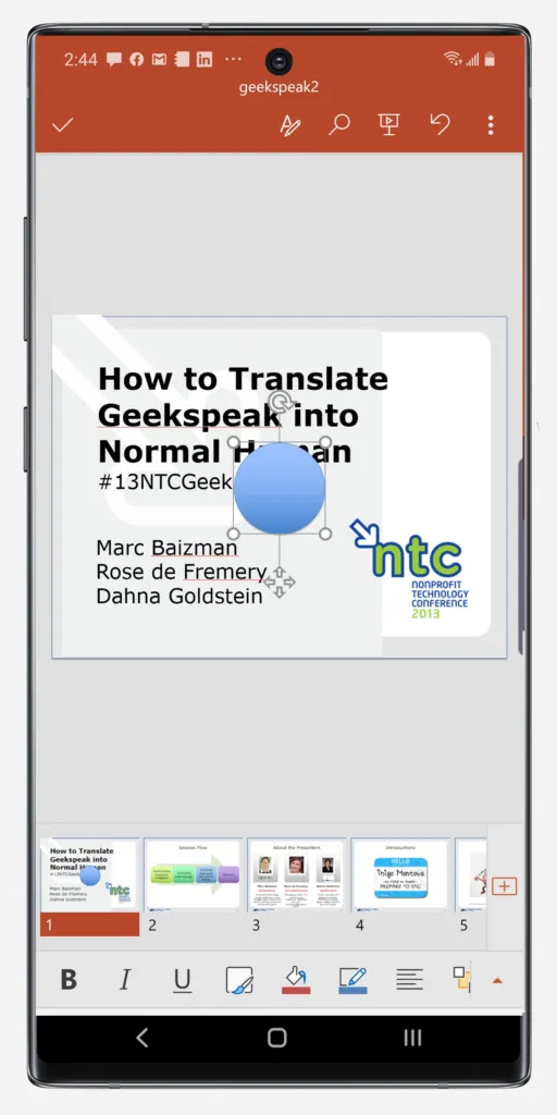 PowerPoint auf einem Samsung Galaxy Note-Gerät mit einer eingefügten runden Form