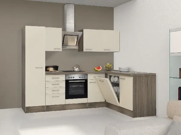 Praktische Winkelküche in L-Form, ideal für kleinere oder verwinkelte Räume