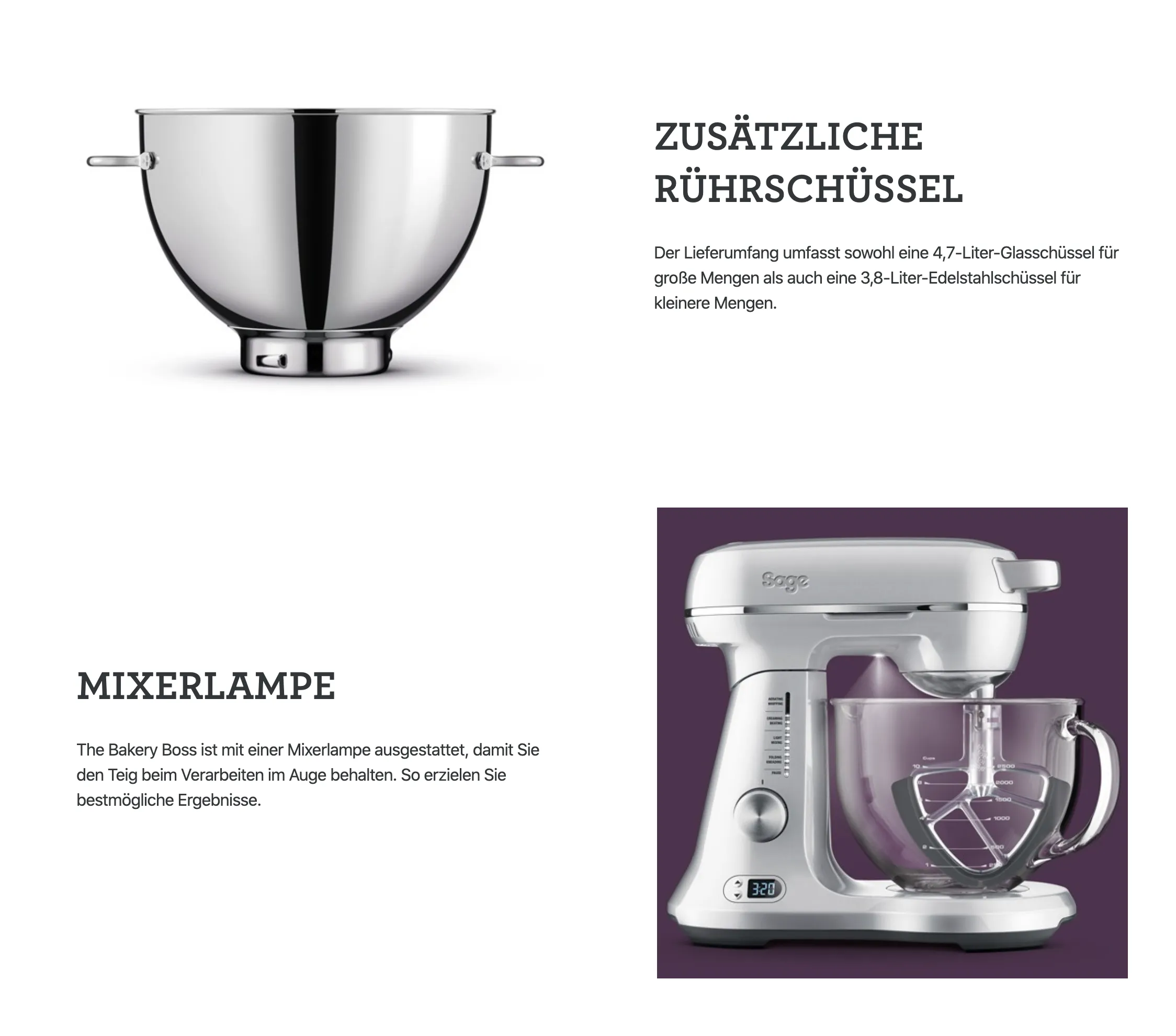 Professionelle Sage Küchenmaschine knetet Teig in einer Glasschüssel