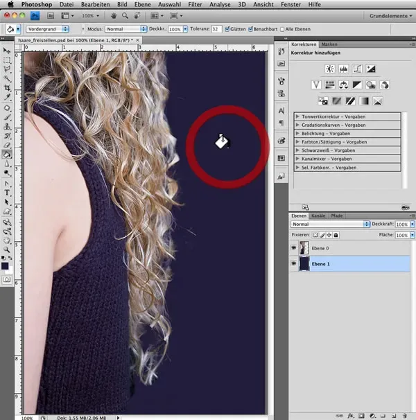 Prüfung des Ergebnisses auf farbigem Hintergrund
