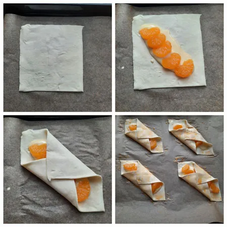 Pudding und Mandarinen auf Blätterteigquadraten