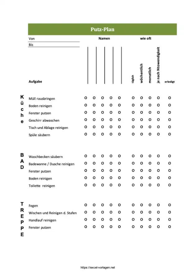 Putzplan allgemein (Excelvorlage Screenshot)