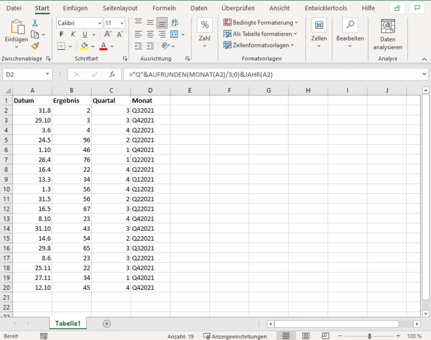 Quartalsanzeige optional mit der Jahreszahl für bessere Übersicht