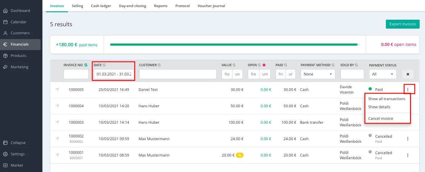Rechnungsübersicht mit Optionen