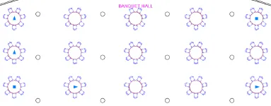 Rechteckige Anordnung mehrerer Tische im Bankettsaal