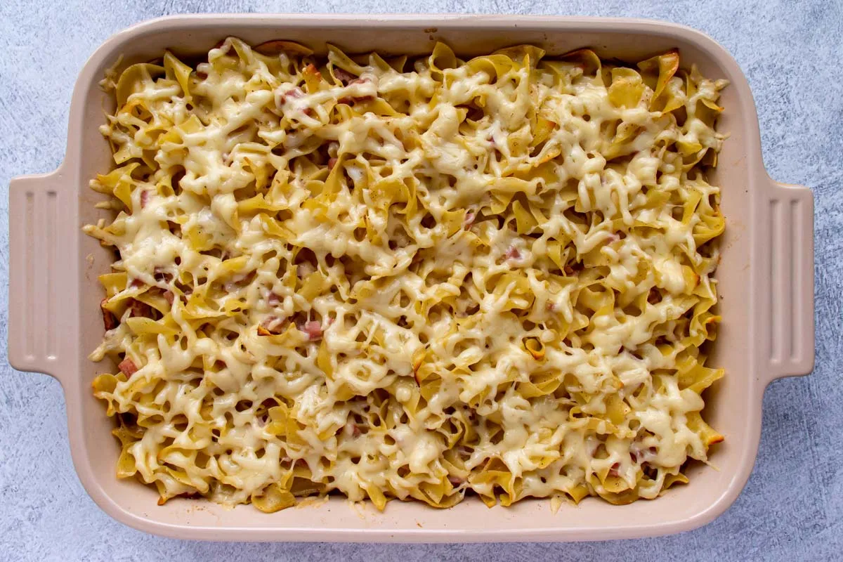 Rechteckiger, goldbraun gebackener Schinkennudelauflauf, frisch aus dem Ofen, mit geschmolzenem Käse und leicht gebräunter Oberfläche