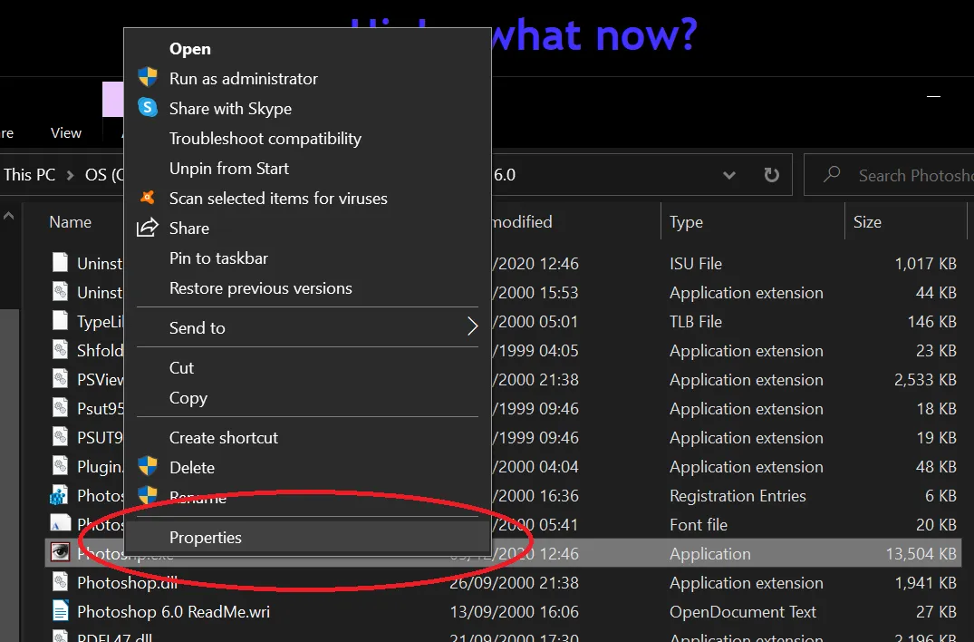 Rechtsklick auf die ausführbare Datei und Auswahl von "Eigenschaften"