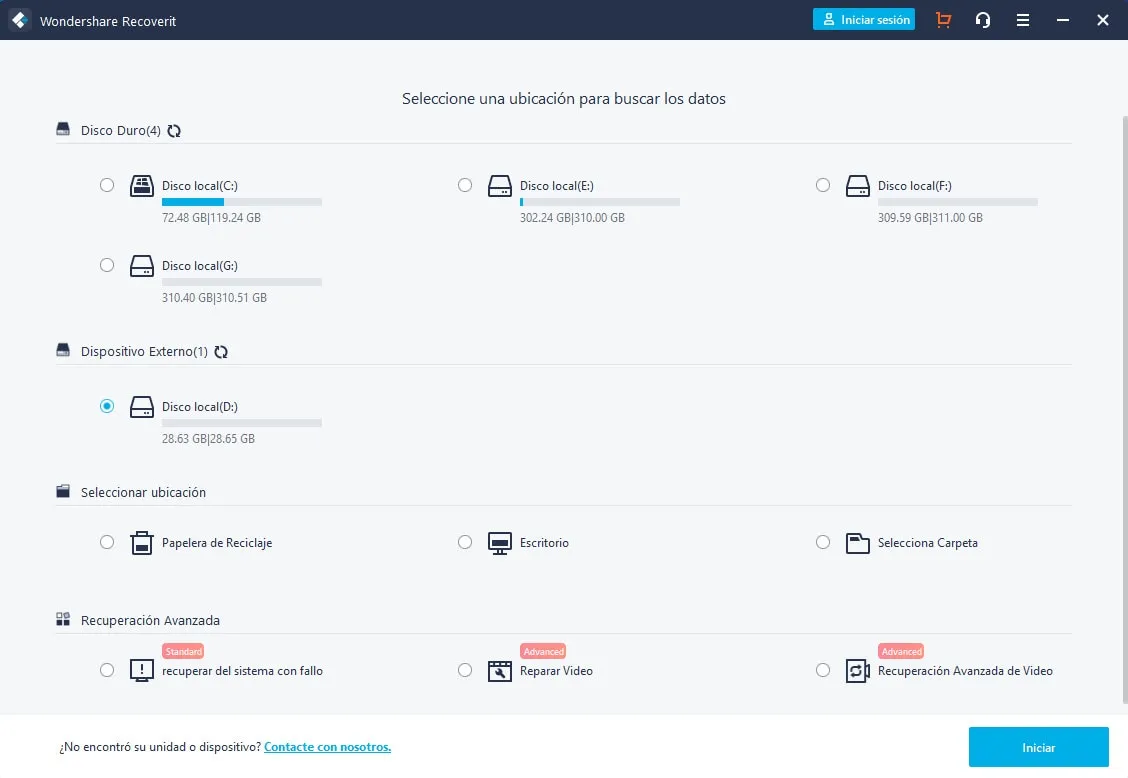 Recoverit-Benutzeroberfläche