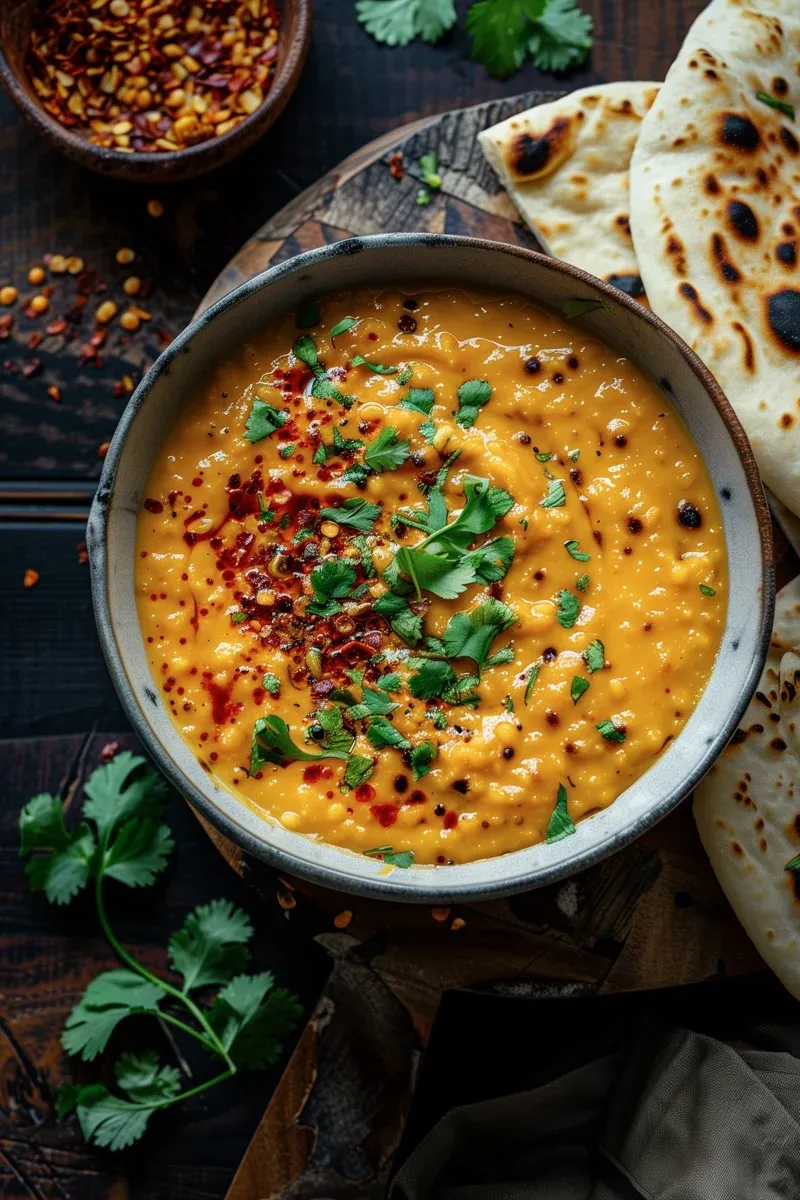 Rote Linsen Dal in einer Schüssel mit frischen Kräutern und Brot