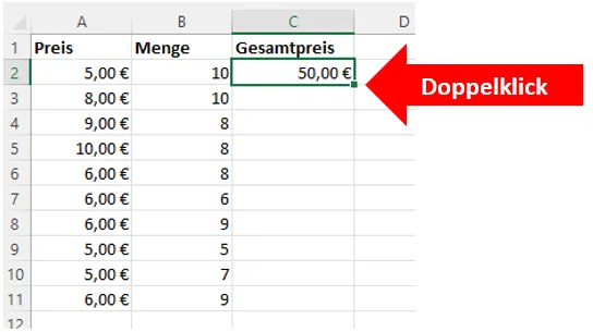 Roter Pfeil zeigt auf das Ausfüllkästchen in Zelle C2 für Doppelklick-Funktion