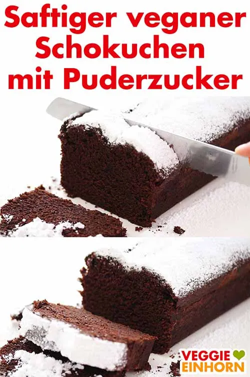 Saftiger veganer Schokokuchen bestreut mit Puderzucker