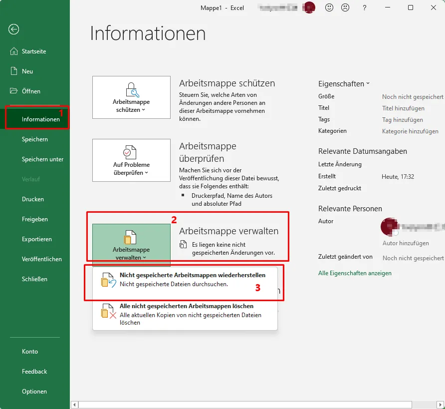 Schaltfläche zum Wiederherstellen nicht gespeicherter Arbeitsmappen in Excel