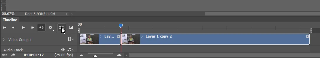 Schere-Symbol in der Zeitleiste zum Kürzen des Videos in Photoshop