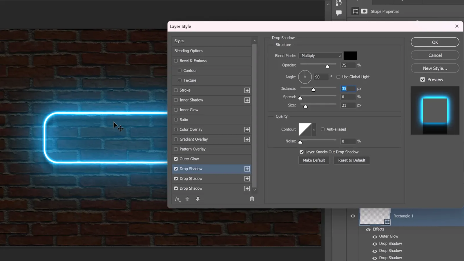 Schlagschatten-Einstellungen für den Schatteneffekt