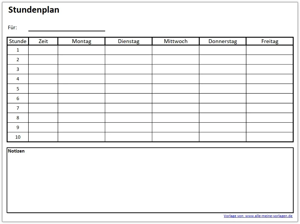 Schlichte Stundenplan Vorlage im Querformat für eine minimalistische und klare Darstellung