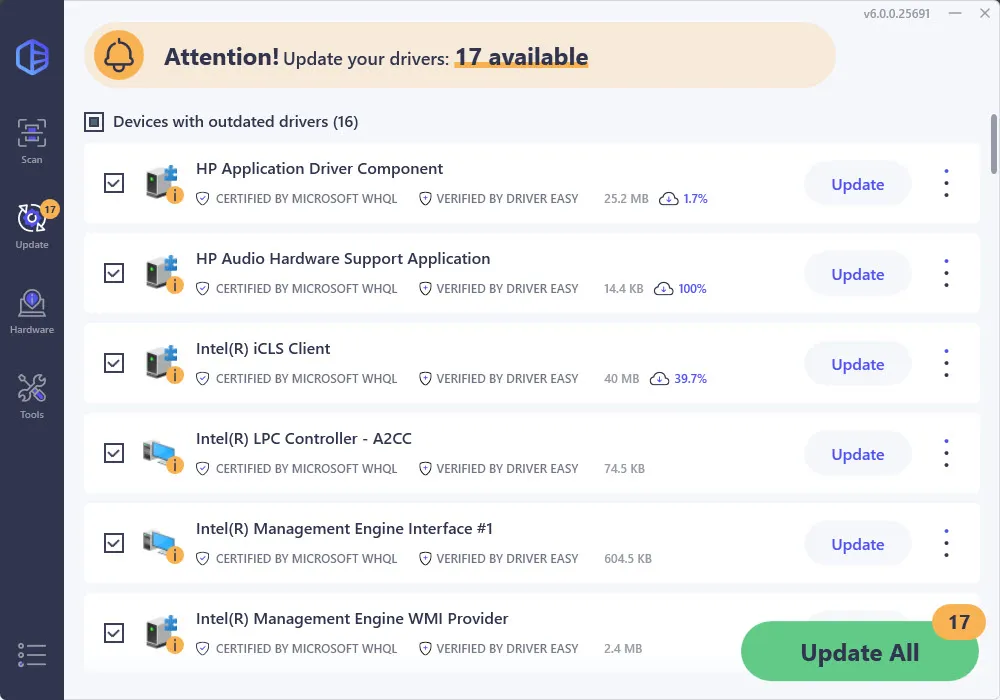 Schnittstelle von Driver Easy Pro, die verfügbare Treiber-Updates anzeigt