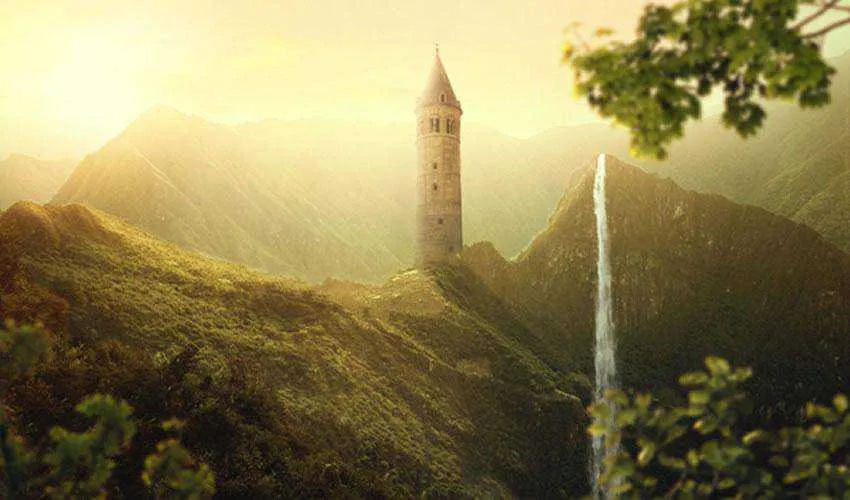 Schöne Sonnenuntergangs-Landschaftsfotomanipulation