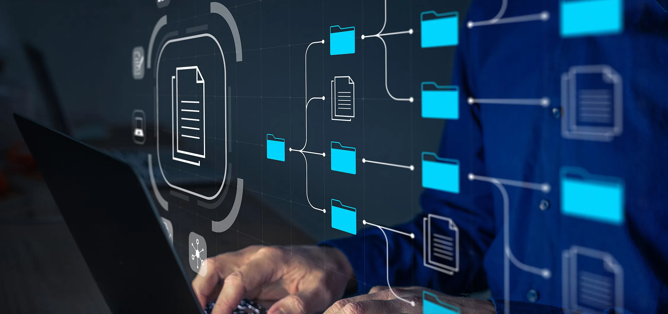 Schreibtisch mit Computermonitor, der Datenanalyse und Diagramme zeigt