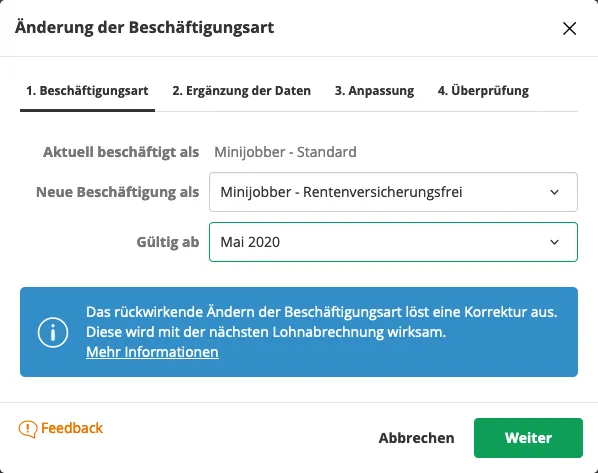 Schritt 1: Festlegung der Beschäftigungsart und des Startdatums im Lexware System