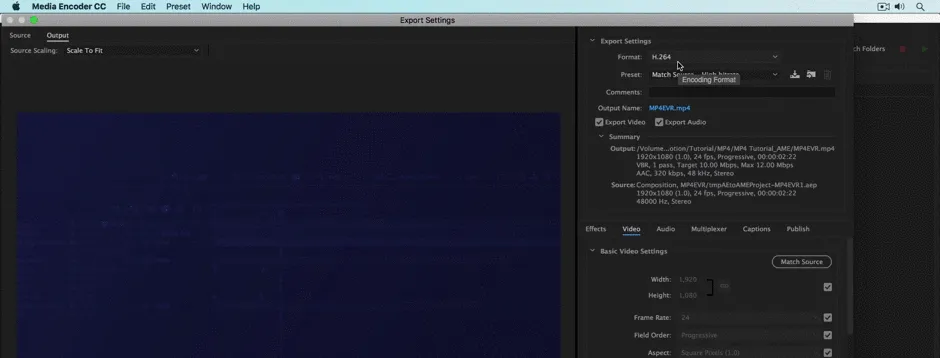 Schritt 2: Exporteinstellungen in Adobe Media Encoder anpassen und H.264 wählen
