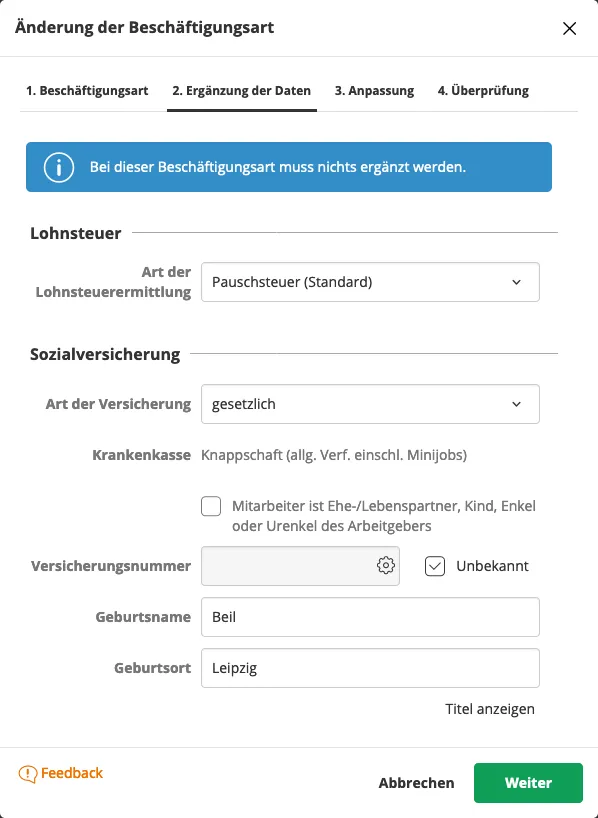 Schritt 2: Überprüfung und Anpassung der Sozialversicherungs- und Lohnsteuerdaten