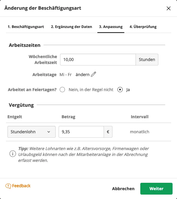 Schritt 3: Anpassung der Angaben zu Arbeitszeit und Vergütung für den Mitarbeiter