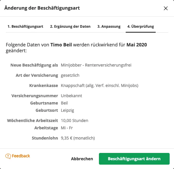 Schritt 4: Zusammenfassung und Bestätigung der vorgenommenen Änderungen der Beschäftigungsart