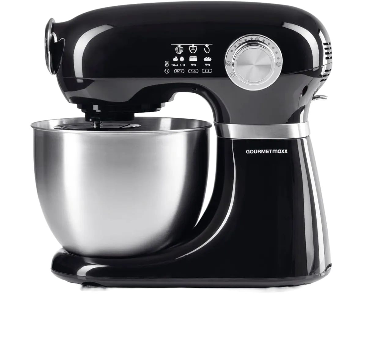 Schwarze Küchenmaschine mit Edelstahlschüssel, GOURMETmaxx, ideal zum Kneten, Rühren und Backen.