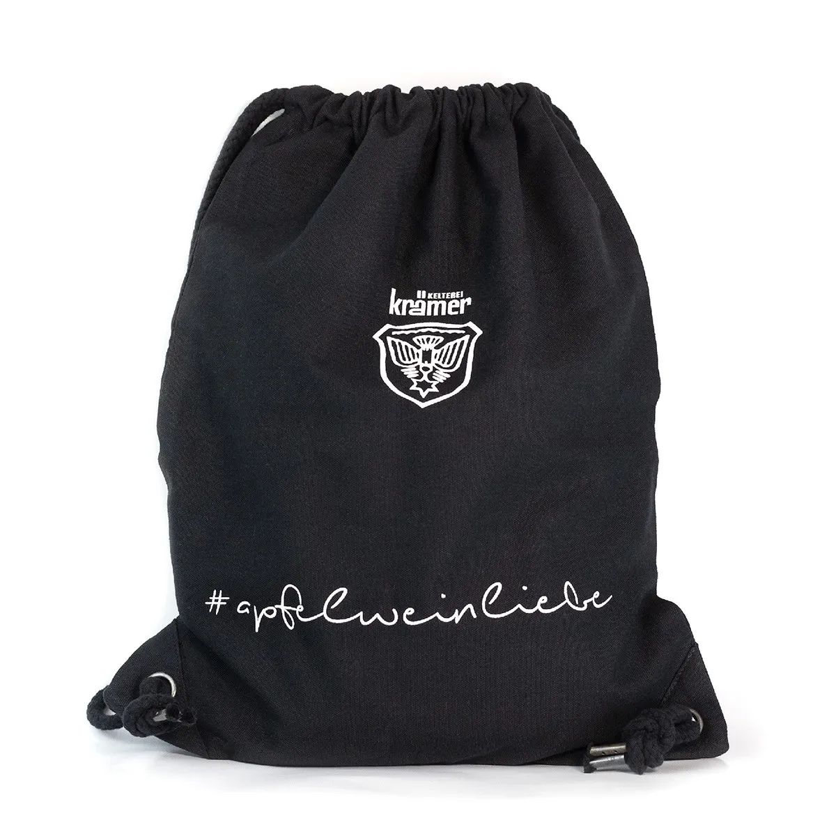 Schwarzer Turnbeutel mit weißem Aufdruck "Apfelweinliebe" und Krämer Logo