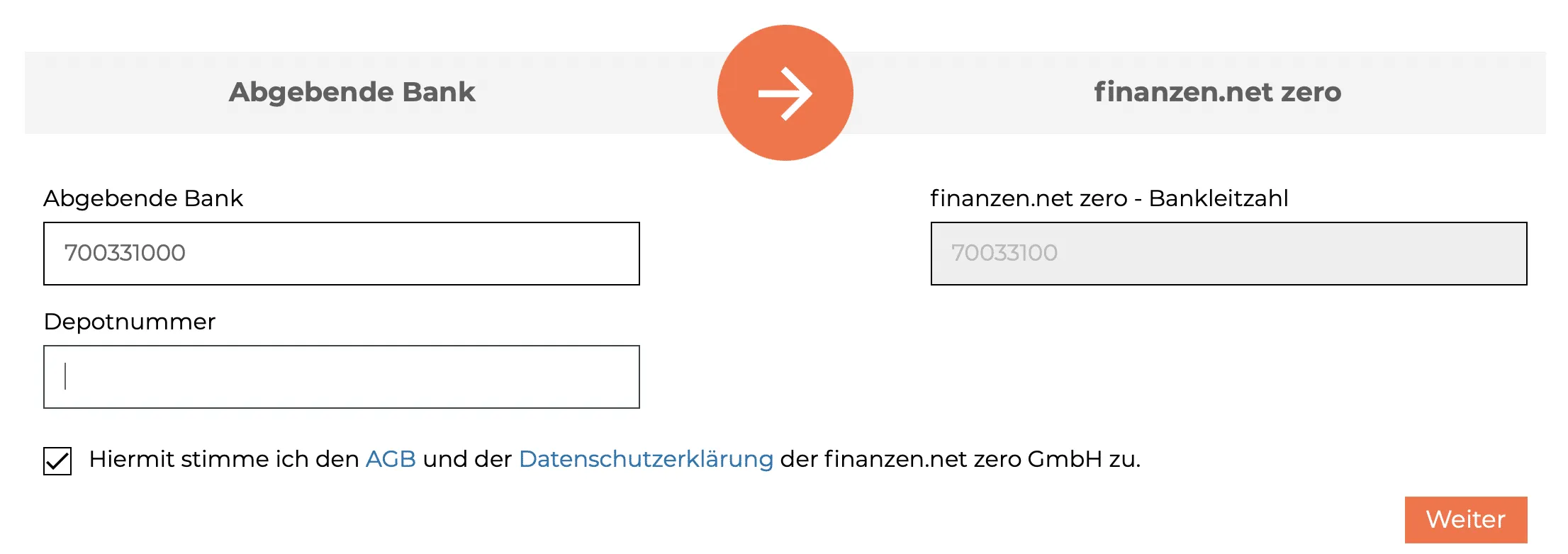 Screenshot: Angaben zur abgebenden Bank und Depotnummer für den Übertrag