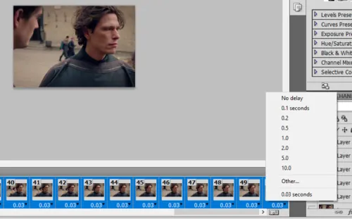 Screenshot: Anpassen der Frame-Geschwindigkeit in der Photoshop Zeitleiste.
