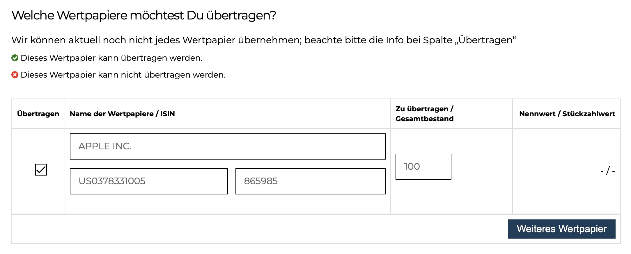 Screenshot: Auswahl der Wertpapiere aus dem alten Depot für den Übertrag zu Finanzen.net ZERO