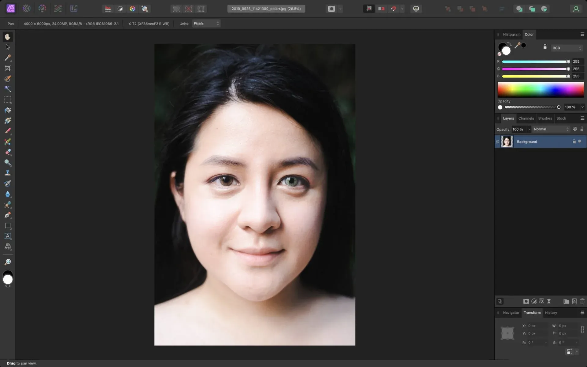 Screenshot der Affinity Photo 2 Bearbeitungssoftware, die ein Bild mit Ebenen und Werkzeugen anzeigt