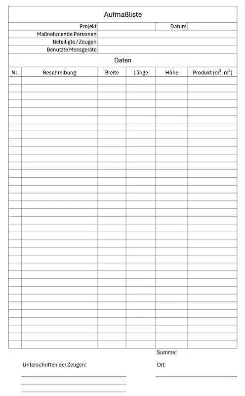 Screenshot der Aufmaßliste mit Excel